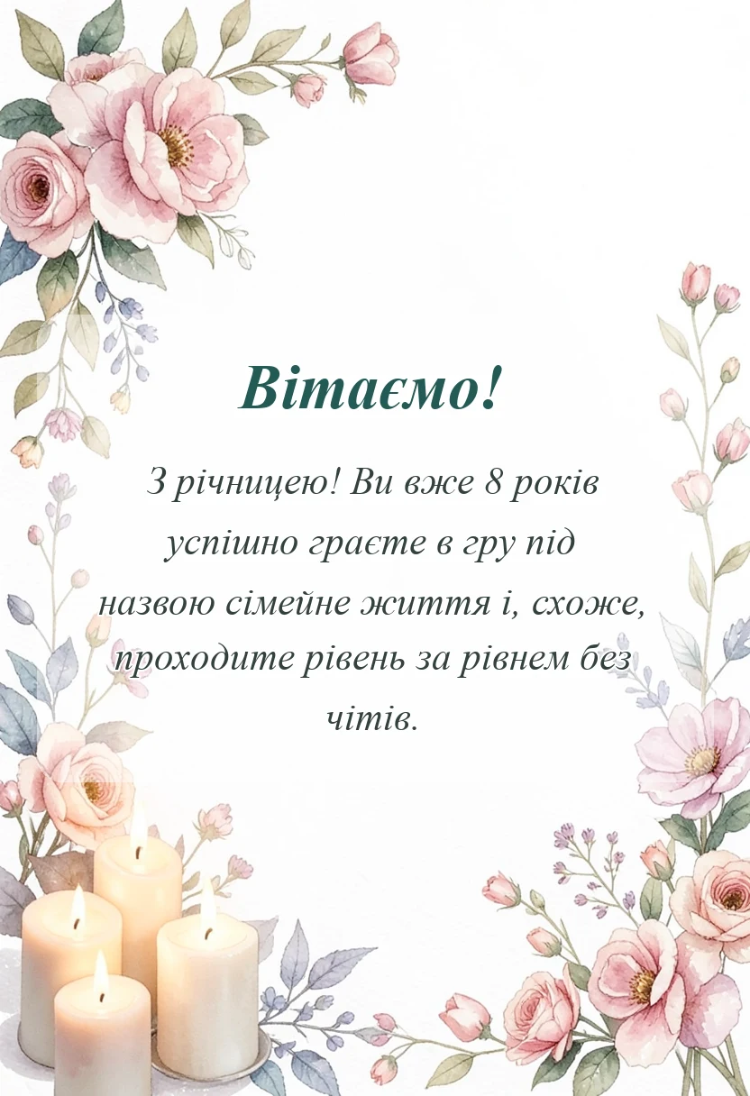красива листівка: привітання з річницею весілля 8 років