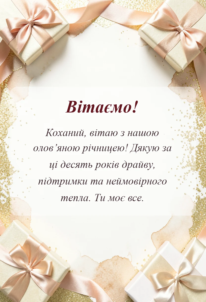 листівка з побажанням - привітання чоловікові з 10 роками весілля