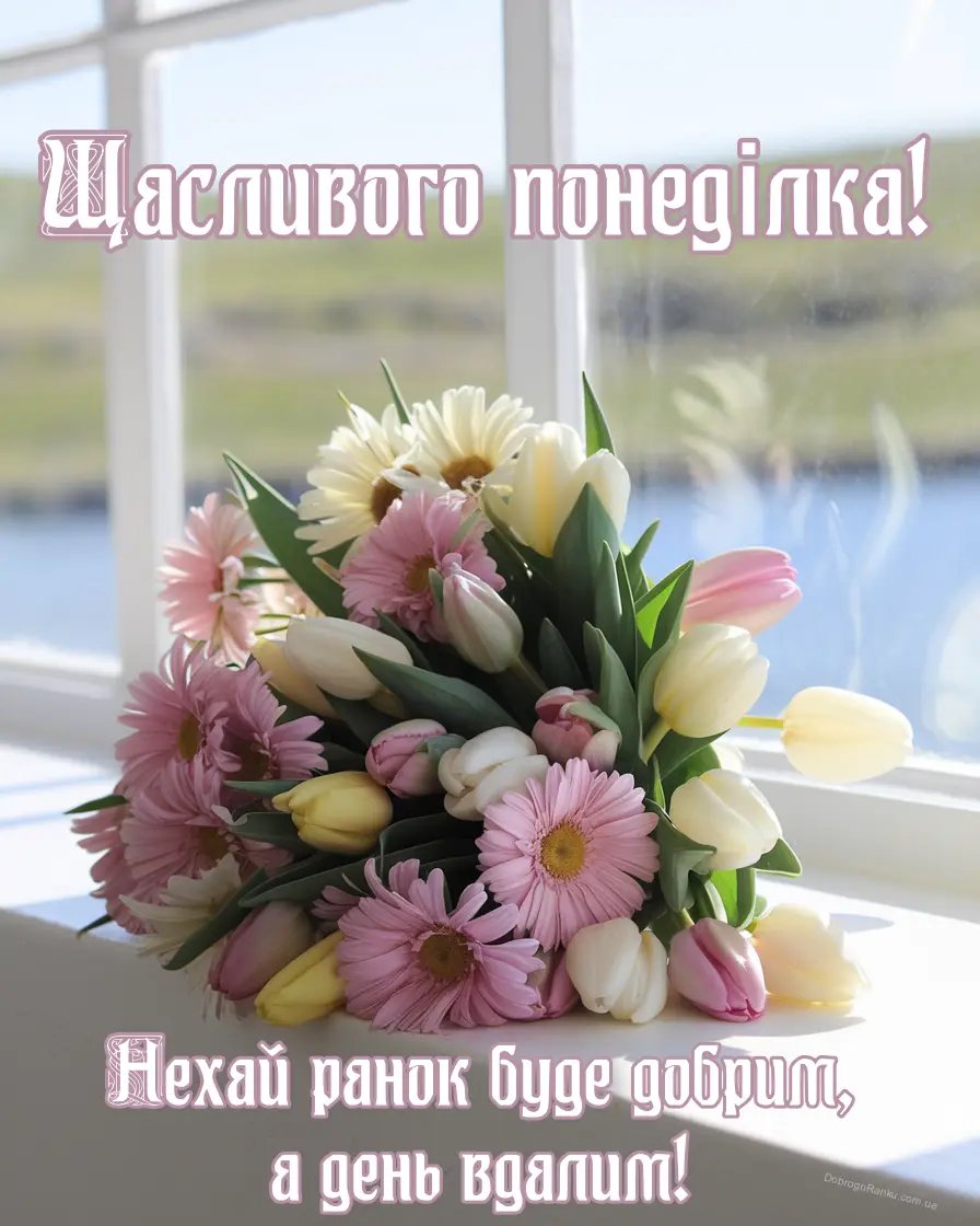Квіти на підвіконні з побажаннями гарного понеділка