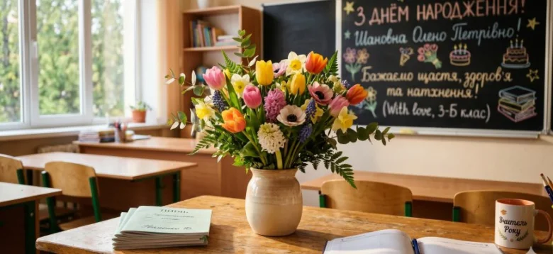Квіти на парті в класі з привітанням учителю українською.
