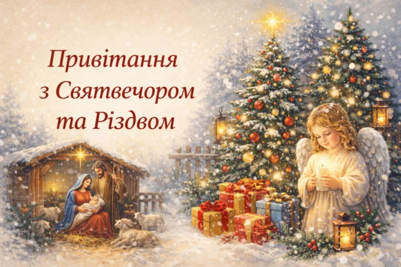 Святвечір та Різдво Христовий: ангел, ясла, подарунки під снігом.