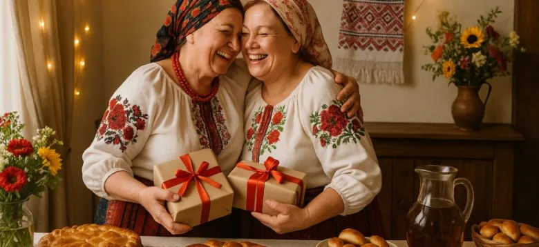 Дві жінки в вишиванках тримають подарунки та усміхаються.