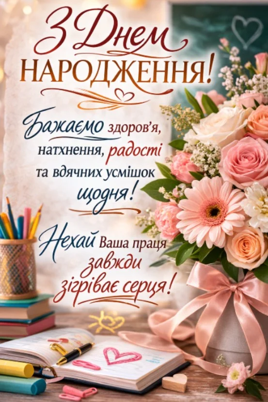 Квіти та канцелярія з привітанням вихователю на день народження.