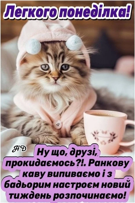 Кіт у рожевому капелюшку з кавою та привітом понеділком.