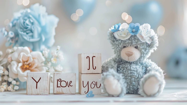 Мішка в квітковій вінку поруч із блоками з написом I love you.