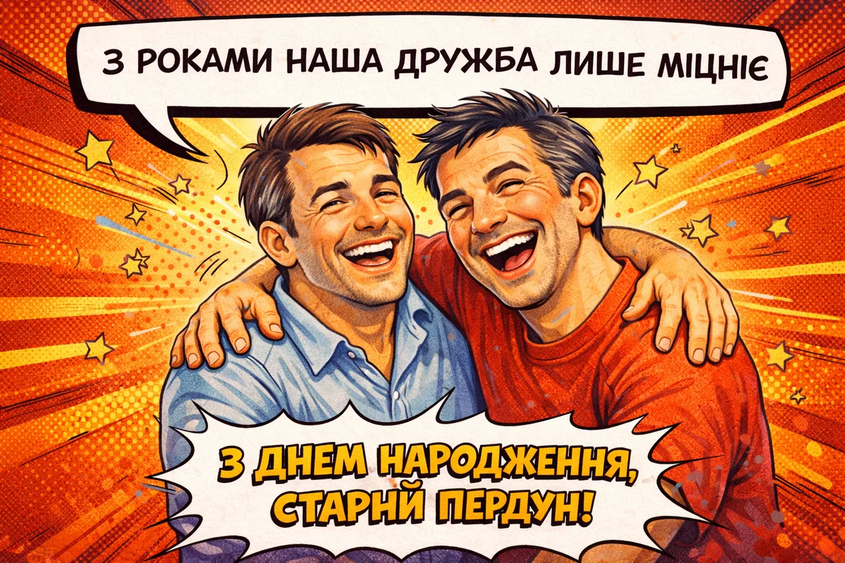 Два друзі сміються разом на фоні святкового дизайну з привітанням.