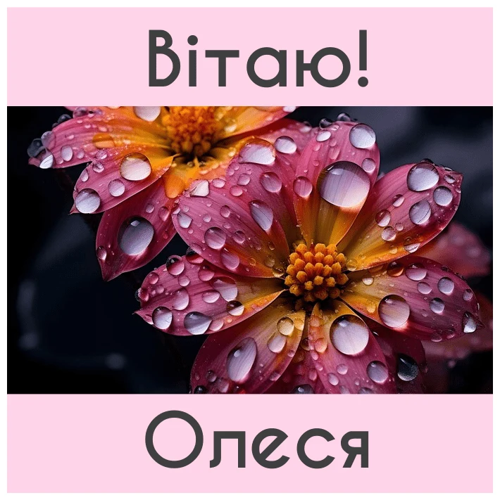 Квіти з краплями дощу та привітання Олесі.