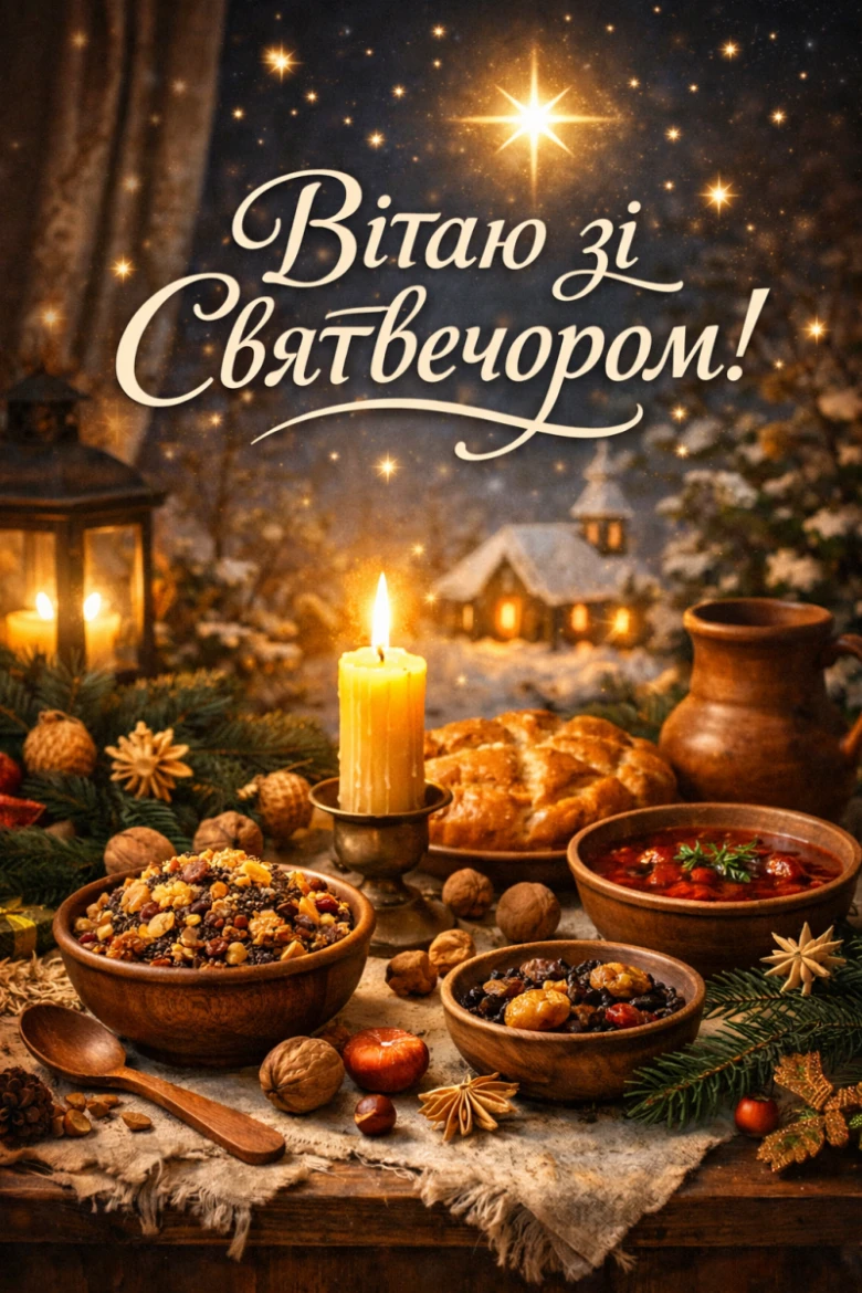 Святковий стіл з традиційною їжею та свічкою на Різдво.