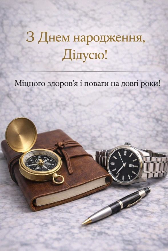 Привітання з днем народження дідусю: компас, годинник та блокнот.