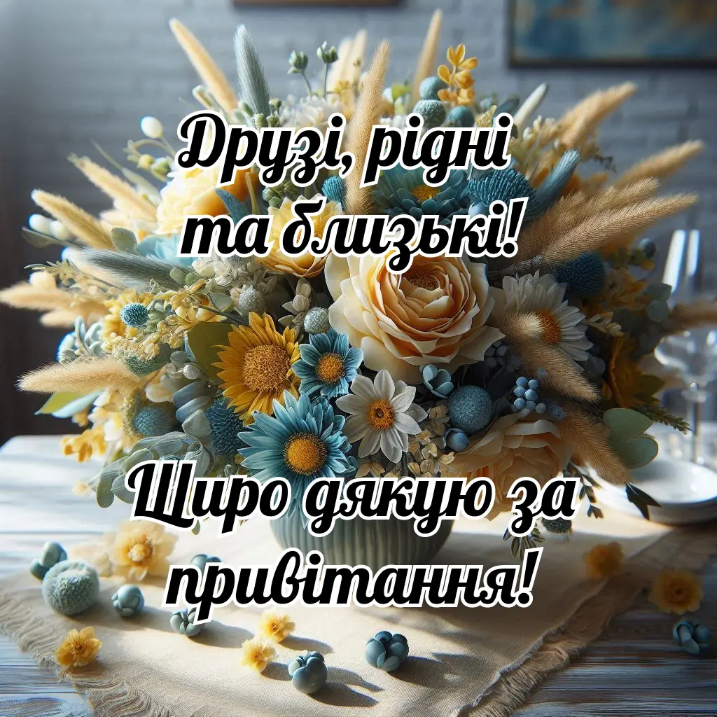 Квітковий букет на дерев'яному столі з привітанням українською.