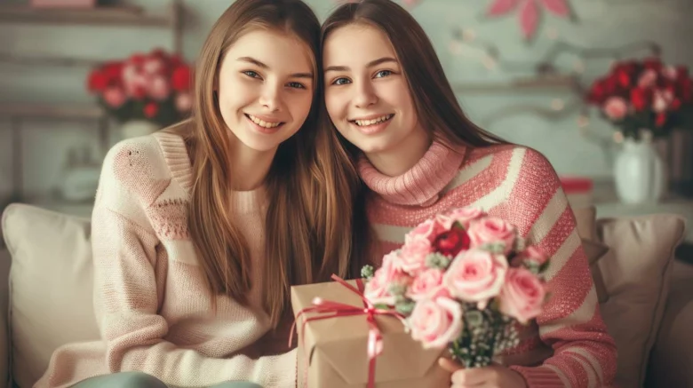 Дві дівчини тримають квіти та подарунок на день народження.