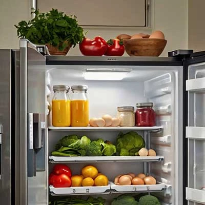 Організований холодильник з овочами та молочними продуктами на полицях.
