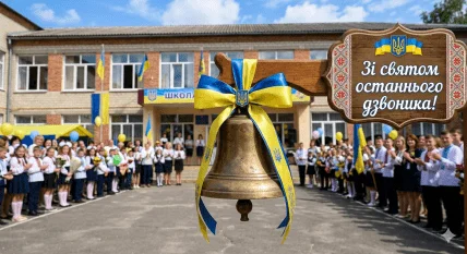 Дзвоник з українською стрічкою перед школою.