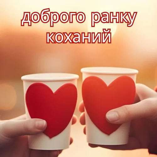 Два чашки з серцями на фоні сходу сонця для ранкового привітання коханому.