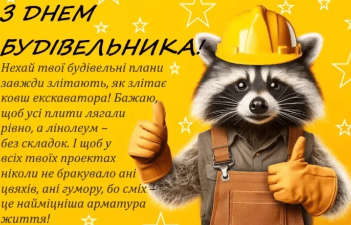 Вітання будівельнику від ласкавого риса в касці.