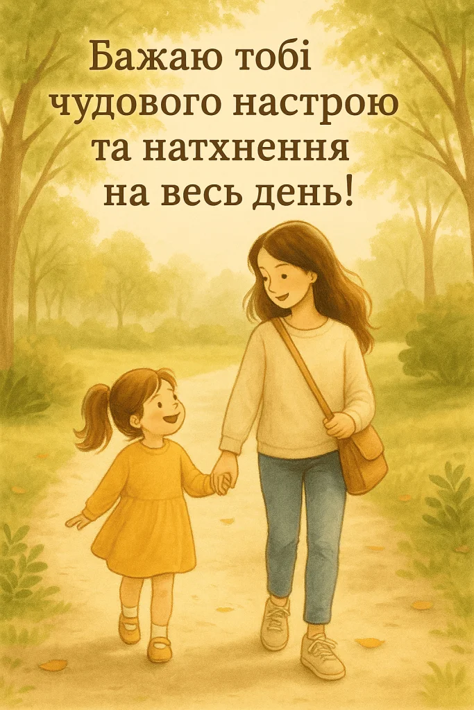 Мама з донькою йдуть по лісовій стежці восени.