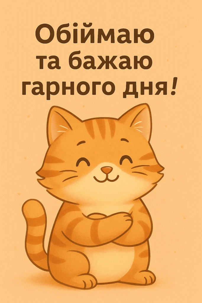Котик обіймає себе і бажає гарного дня українською.