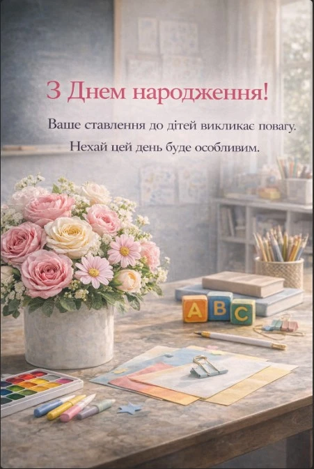 Квіти на столі вчителя з привітанням днем народження.