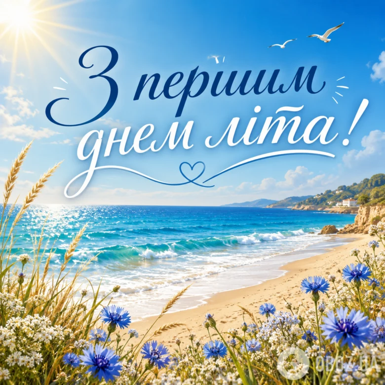 Красивий пляж з квітами та привітанням першого дня літа.