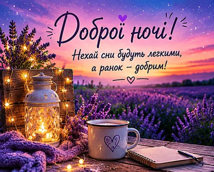 Затишна вечірня сцена з лавандою та українським привітанням добраніч.